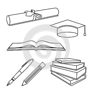 set of education and literacy objects line art like college graduation cap, diploma paper roll, pencil, ink pen, open book, stack
