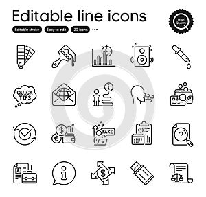 Set of Education outline icons. Contains icons as Quick tips, Legal documents and Search document elements. Vector