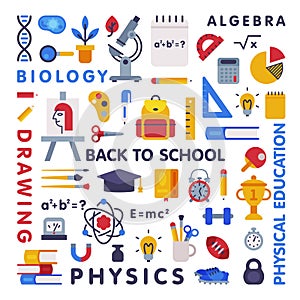Set of Education and Science Disciplines with Related Elements, School Subjects, Back to School Concept Flat Style