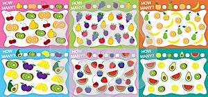 Set of educational games for kids 6 in 1. How many objects fruits counted? Vector illustration