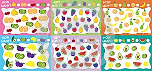 Set of educational games for kids 6 in 1. How many objects fruits counted? Vector illustration photo