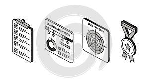 A set of educational icons representing learning and skill development on a white background