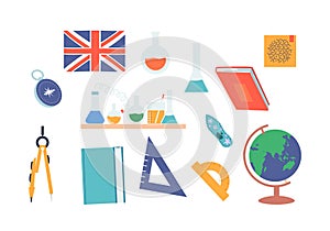 Set of Educational Tools and Teacher Equipment. Compass, Great Britain Flag, Chemical Beakers and Textbooks Illustration