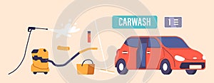 Set Efficient Car Wash Service Icons, Offering Thorough Cleaning, Waxing, And Interior Detailing. Hose, Vacuum Cleaner