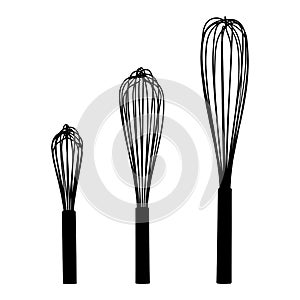 Set of egg whisks, three sizes, black silhouette