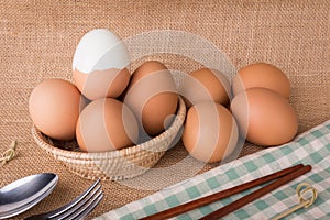 Set Eggs in a basket on gunny sackcloth background