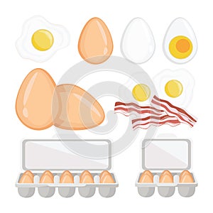 Set eggs. Boiled, fried and raw brown chicken eggs.