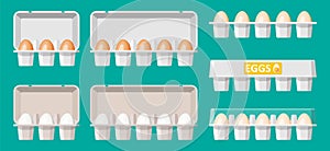 Set eggs in cardboard package isolated on green.