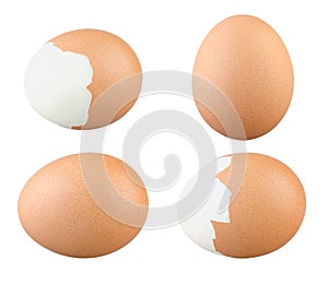 Set of Eggs Isolated. Boiled and Fresh Chicken Eggs on White Background. Highly Retouched Closeup. Full Depth of Field