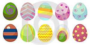 A set of eggs with patterns. Ten eggs with different patterns of different colors.