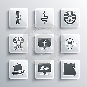 Set Egypt pyramids, Map of, Egyptian Scarab, Cross ankh, ship, pharaoh, Papyrus scroll and icon. Vector