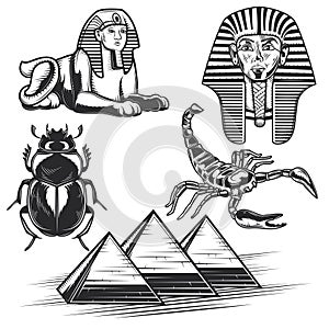 Set of egyptian elements scorpion, Pharaoh, pyramids etc. for creating your own badges, logos, labels, posters etc. Isolated on