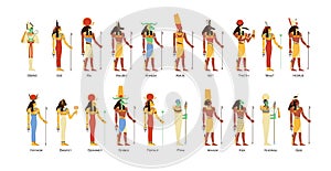 Set of Egyptian gods and goddesses. Deities of Ancient Egypt. Myth Cairo figures and statues. Colored flat vector