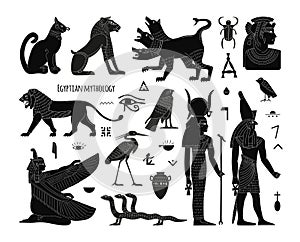 A set of Egyptian mythical animals and creatures, symbols. Black and white flat vector elements. Cerberus, lion, three-headed