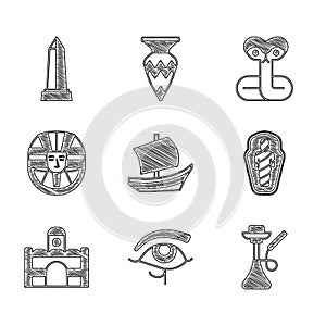 Set Egyptian ship, Eye of Horus, Hookah, mummy in sarcophagus, house, pharaoh, Snake and Obelisk Alexandria icon. Vector