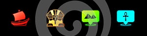 Set Egyptian ship, Sphinx, pyramids and Cross ankh icon. Vector