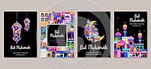 Set of eid mubarak al fitr islamic arabic mosque architecture illustration for a poster banner, cover template