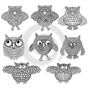 Set of eight amusing owls