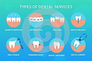 Set of eight badges or icons for dental services