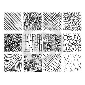 Set of eight black and white wave patterns seamlessly tiling.