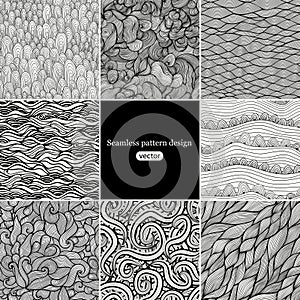 Set of eight black and white wave patterns (seamlessly tiling).S