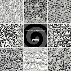 Set of eight black and white wave patterns (seamlessly tiling).S