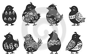 Set of eight decorative birds with unique patterns in black and white