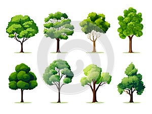 set of eight green trees isolated on white background. illustration, generative ai