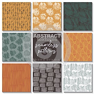 Set of eight hand drawn ink seamless patterns.