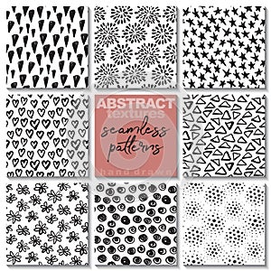 Set of eight hand drawn ink seamless patterns.