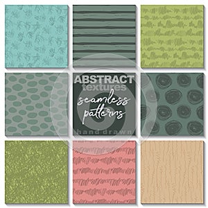 Set of eight hand drawn ink seamless patterns.