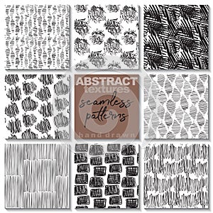 Set of eight hand drawn ink seamless patterns.