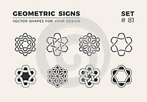 Set of eight minimalistic trendy shapes. Stylish logo emblems for Your design. Simple geometric signs collection.