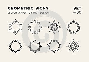 Set of eight minimalistic trendy shapes. Stylish logo emblems for Your design. Simple geometric signs collection.