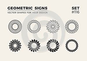 Set of eight minimalistic trendy shapes. Stylish vector logo emblems for Your design. Simple geometric signs collection.