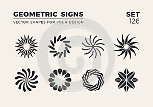 Set of eight minimalistic trendy shapes. Stylish vector logo emblems for Your design. Simple geometric signs collection.