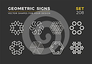 Set of eight minimalistic trendy shapes. Stylish vector logo emblems for Your design. Simple geometric signs collection.