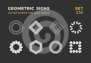 Set of eight minimalistic trendy shapes. Stylish vector logo emblems for Your design. Simple geometric signs collection.