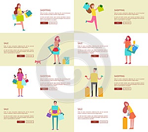 Set of Eight Pictures Shopping Vector Illustration