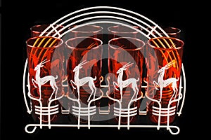 Set of eight red 1930s art deco gazelle glasses in stylized white enamel metal carrier / holder