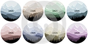 A set of eight round logo for camping, hunting season. Silhouette of spruce forest and mountains on the horizon.