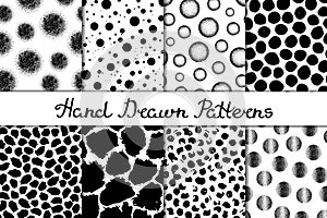 Set of eight seamless textures. Patterns with spheres, round and oval elements and spots. Abstract forms drawn a wide pen and ink.