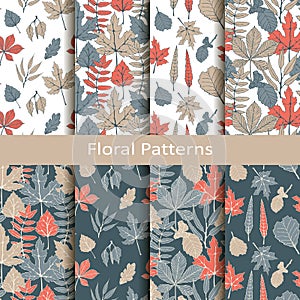 Set with eight seamless vector floral patterns with hand drawn leaves. design for packaging, covers, textile