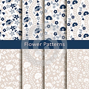 Set of eight seamless vector flower hand drawn patterns. design for covers, textile, packaging