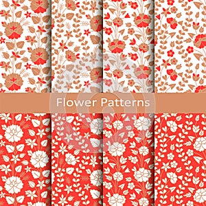 Set of eight seamless vector patterns with hand drawn flowers. design or packaging, fashion, textile, covers