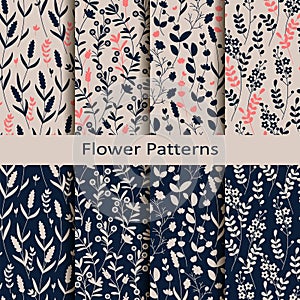 Set of eight seamless vector spring patterns with hand drawn flower print. design for textile, covers, packaging