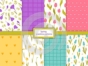 Set of eight spring seamless patterns. Modern abstract and floral design. Use for textile  wallpaper  cover  fabric  wrapping