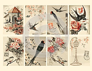 Un conjunto compuesto por ocho antiguo estilo pájaro etiquetas 