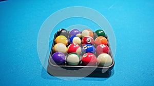 Set of Eightball Game Pool Balls Stored in Rectangular Tray