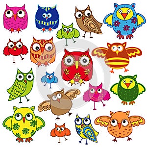 Set of eighty colourful owls photo